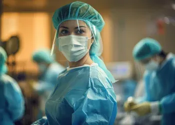 OTA trägt chirurgische Masken im Operationssaal und überwacht die Einhltung der Sicherheitsprotokolle