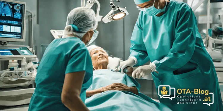 Operationsttechnische Assistenz (OTA) betreut ältere Patientin im Operationssaal