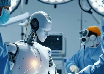 Arzt-Roboter-Operationsraum, Roboter-Assistent, Gesundheitsfürsorge der Zukunft, Operationssaal-Bot, Künstliche Intelligenz im Operationssaal