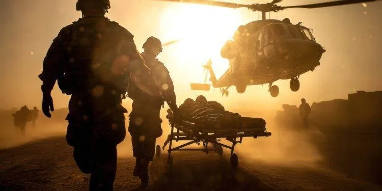 Soldaten transportieren einen Verletzten auf einer Trage zu einem landenden Rettungshubschrauber im Sonnenuntergang. Das Bild symbolisiert extreme Stresssituationen und zeigt, wie ruhiges Handeln unter Druck Leben retten kann – eine Fähigkeit, die auch Operationstechnische Assistenten (OTAs) im OP beherrschen müssen.