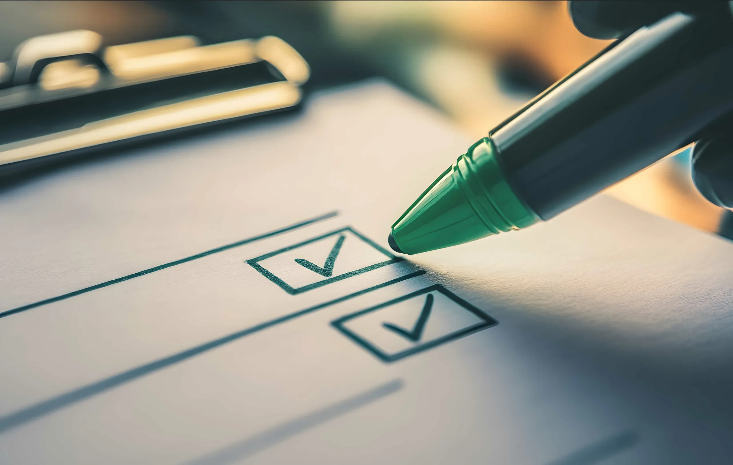 Eine Person hakt die Voraussetzungen für die OTA-Ausbildung auf einer Checkliste ab, um die persönliche Eignung zu prüfen.